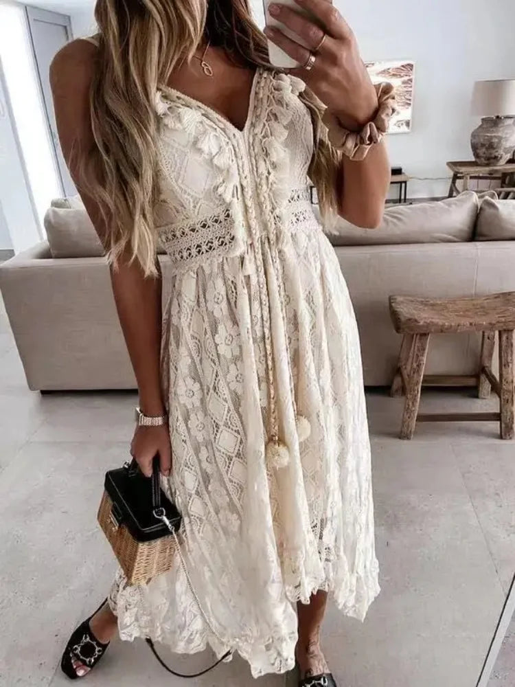 Vestido Maxi de Encaje con Escote en V Alina