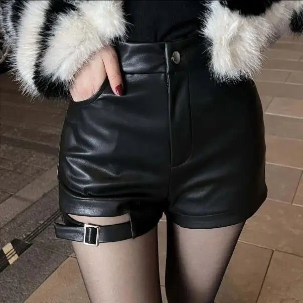 Shorts de Cuero de Cintura Alta para Mujer