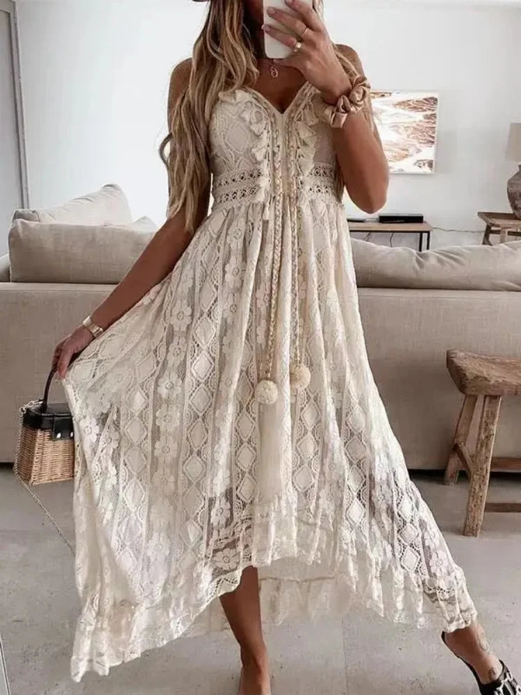 Vestido Maxi de Encaje con Escote en V Alina