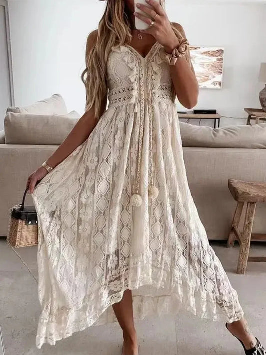 Vestido Maxi de Encaje con Escote en V Alina