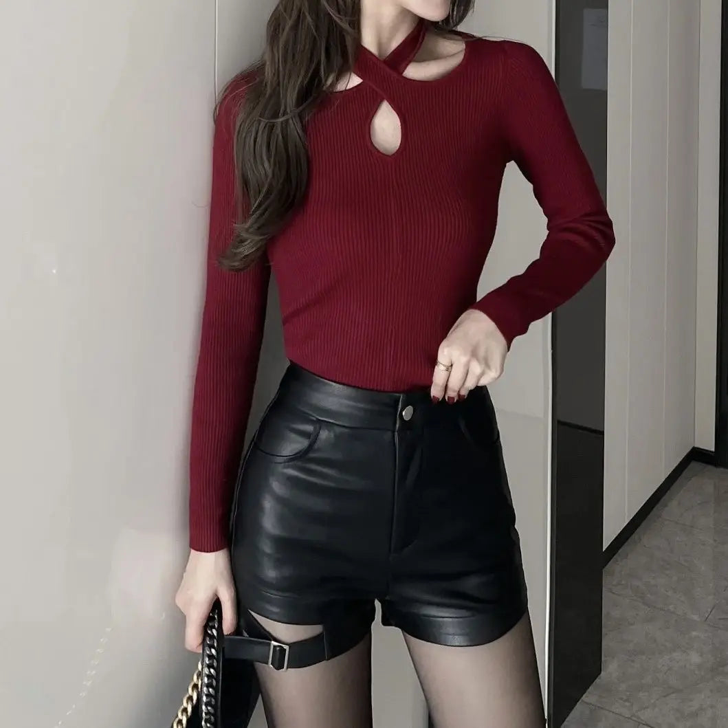 Shorts de Cuero de Cintura Alta para Mujer