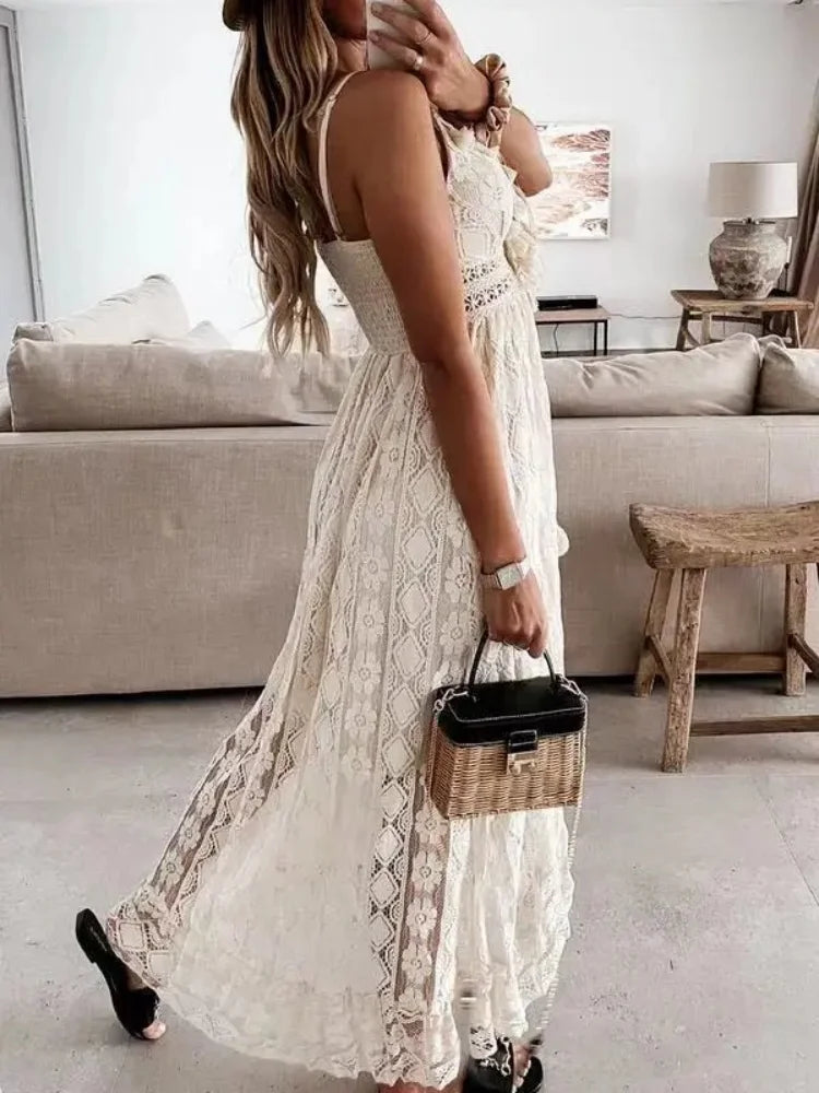 Vestido Maxi de Encaje con Escote en V Alina